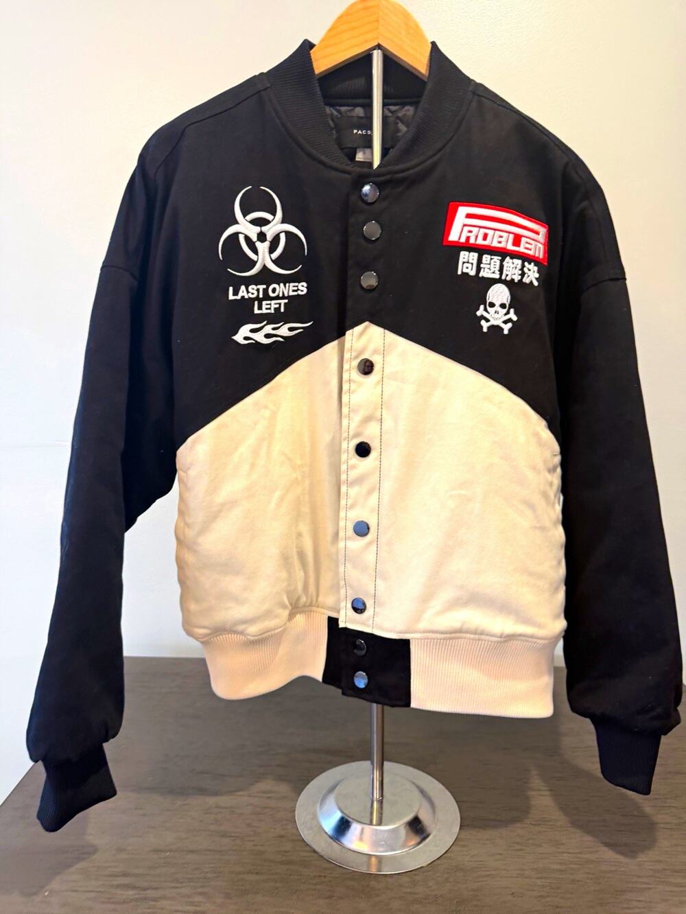 PacSun Black/Cream Colorblock Bomber Jacket Snap Streetwear Skull Men's S